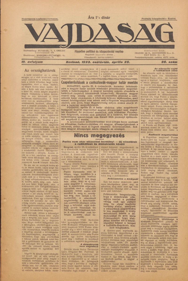 Vajdaság, 3. évf. 1923. április 26. 96. sz.