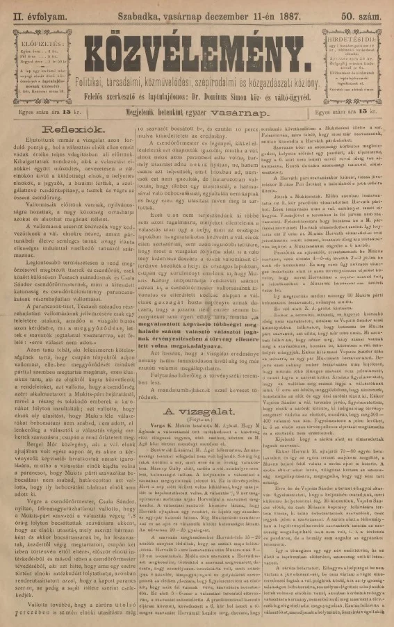 Közvélemény, 2. évf. 1887. december 11. 50. sz.