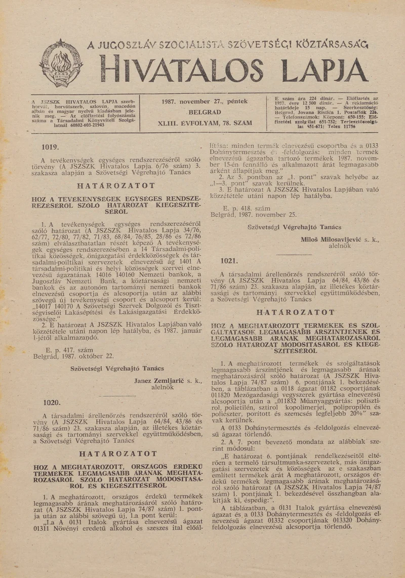 A Jugoszláv Szocialista Szövetségi Köztársaság Hivatalos Lapja, 43. évf. 1987. november 27. 78. sz. 1837–1840. oldal