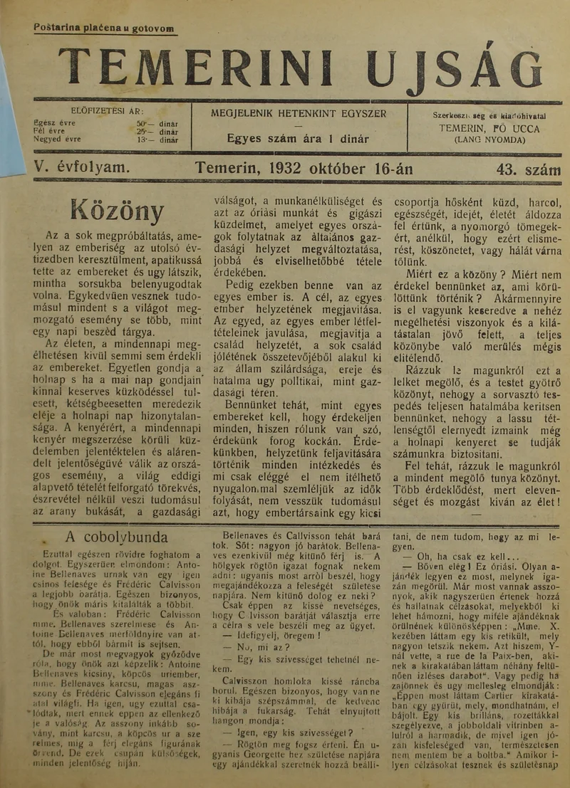 Temerini Újság 1928-1944, 5. évf. 1932. október 16. 43. sz.
