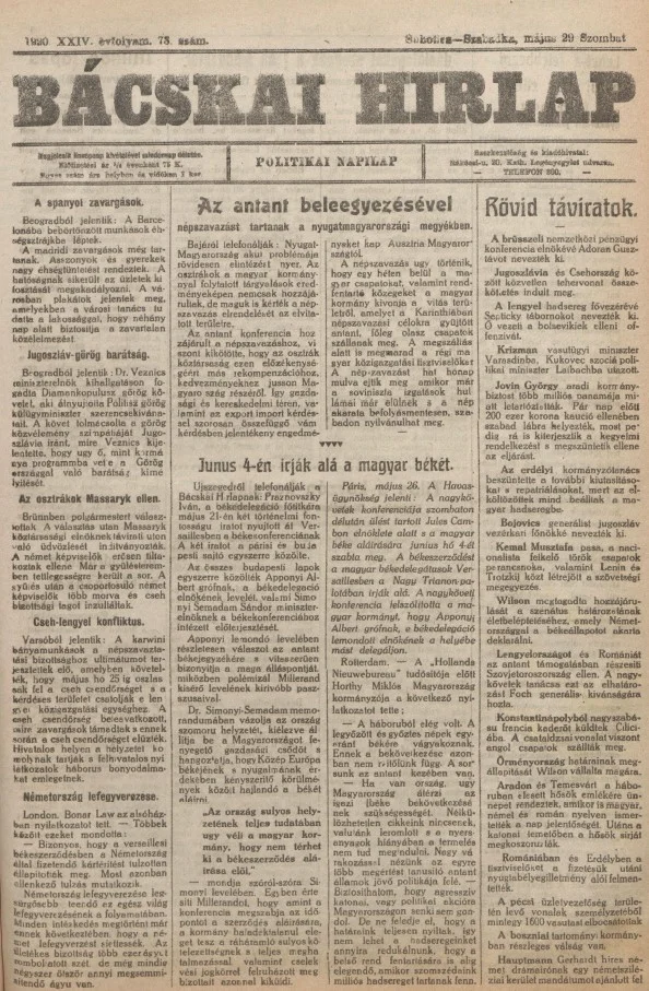 Bácskai Hirlap, 24. évf. 1920. május 29. 73. sz.