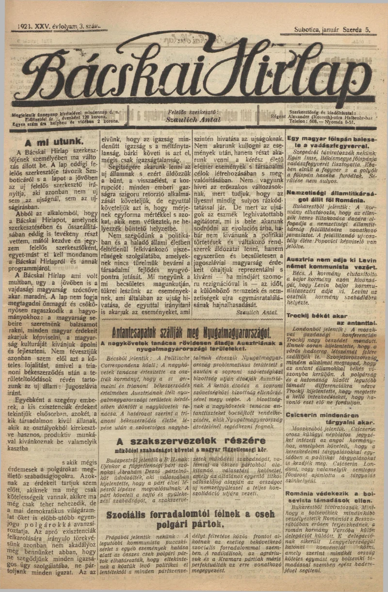 Bácskai Hirlap, 25. évf. 1921. január 5. 3. sz.