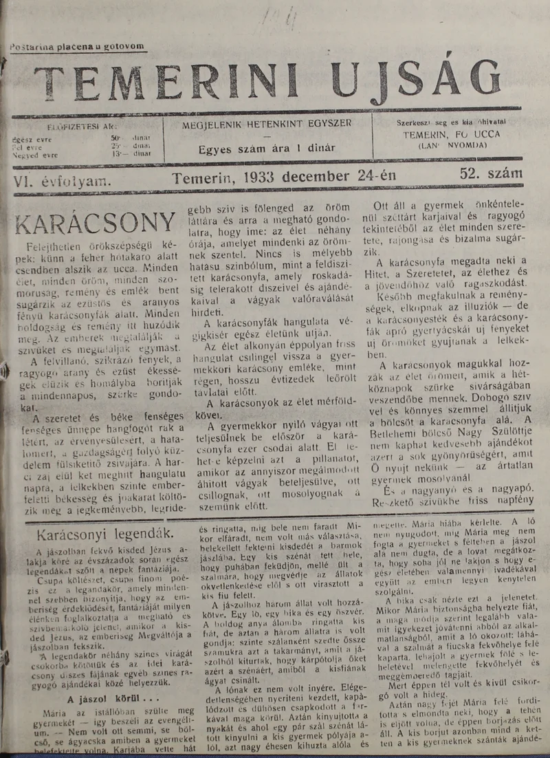 Temerini Újság 1928-1944, 6. évf. 1933. december 24. 52. sz.