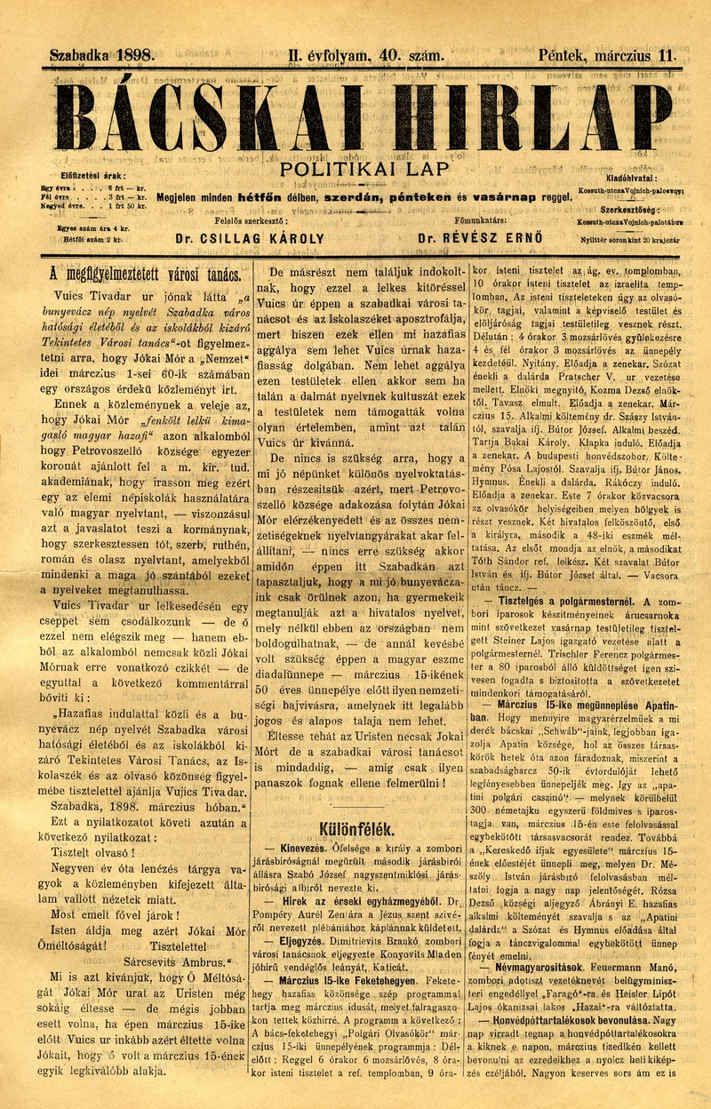 Bácskai Hirlap, 2. évf. 1898. március 11. 40. sz. 1–4. oldal