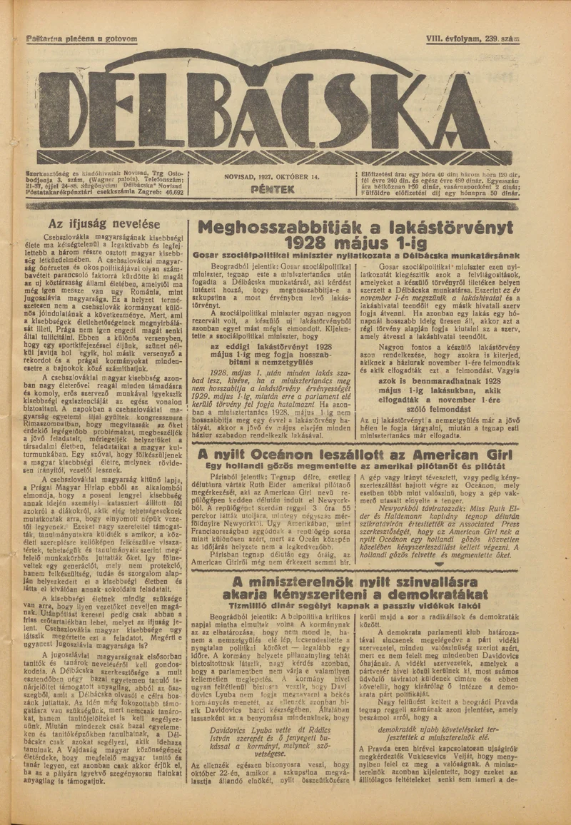 Délbácska, 8. évf. 1927. október 14. 239. sz.