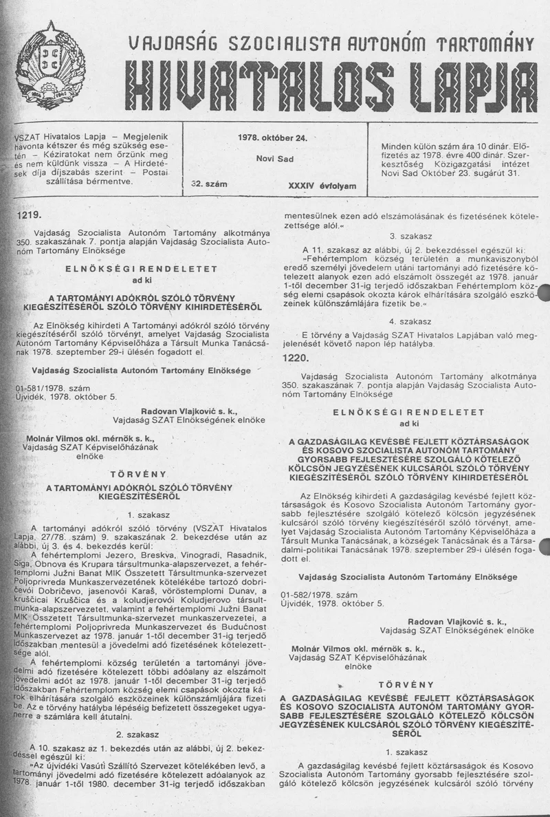 Vajdaság Szocialista Autonóm Tartomány Hivatalos Lapja, 34. évf. 1978. október 24. 32. sz. 1409–1416. oldal