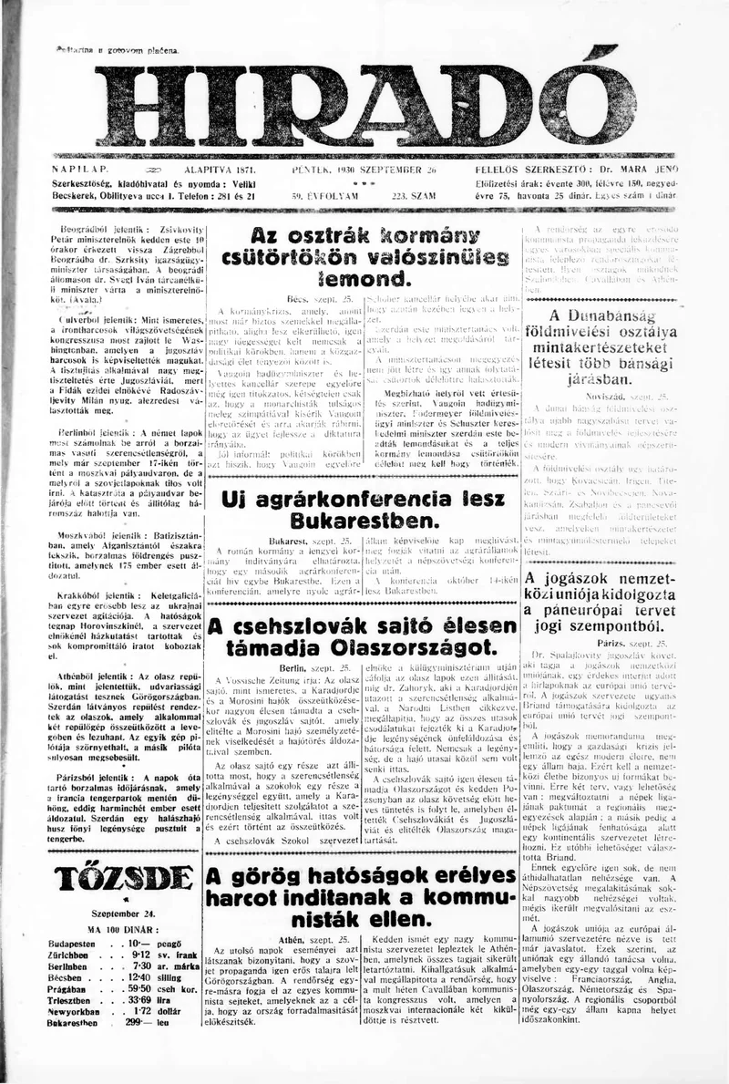 Híradó, 59. évf. 1930. szeptember 26. 223. sz.
