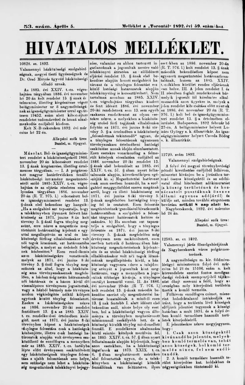 A Totontál  hivatalos melléklete, 5. évf. 1892. április 5. 53. sz.