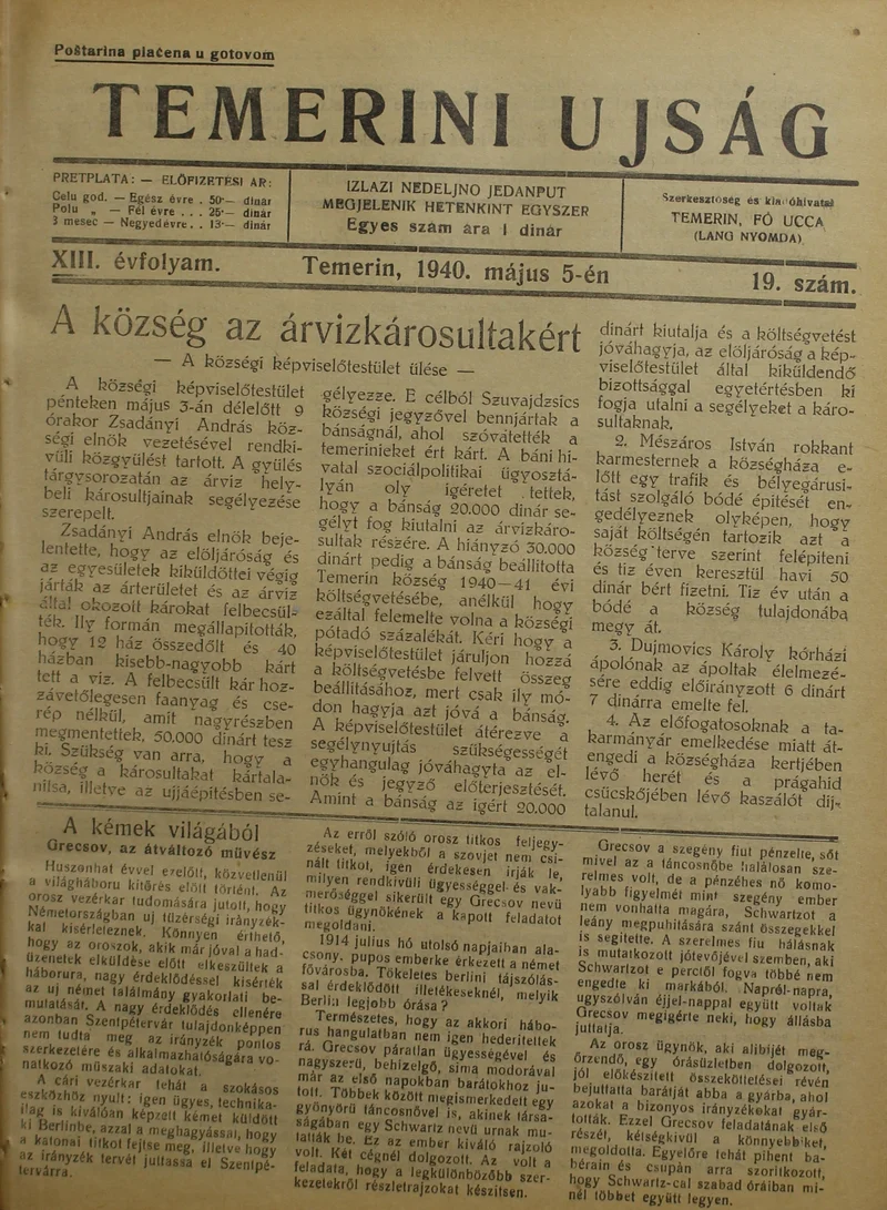 Temerini Újság 1928-1944, 13. évf. 1940. május 5. 19. sz.