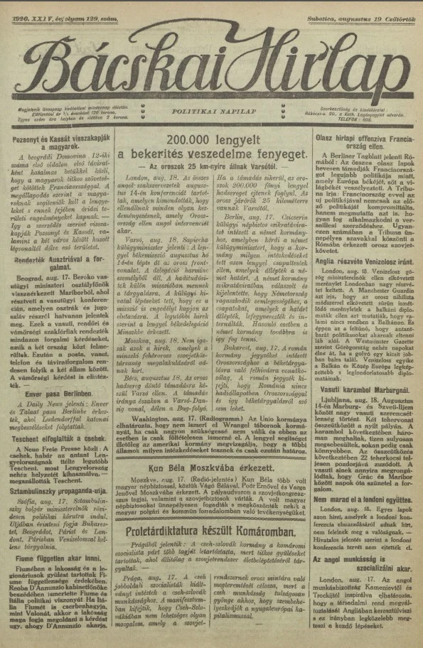 Bácskai Hirlap, 24. évf. 1920. augusztus 19. 129. sz.