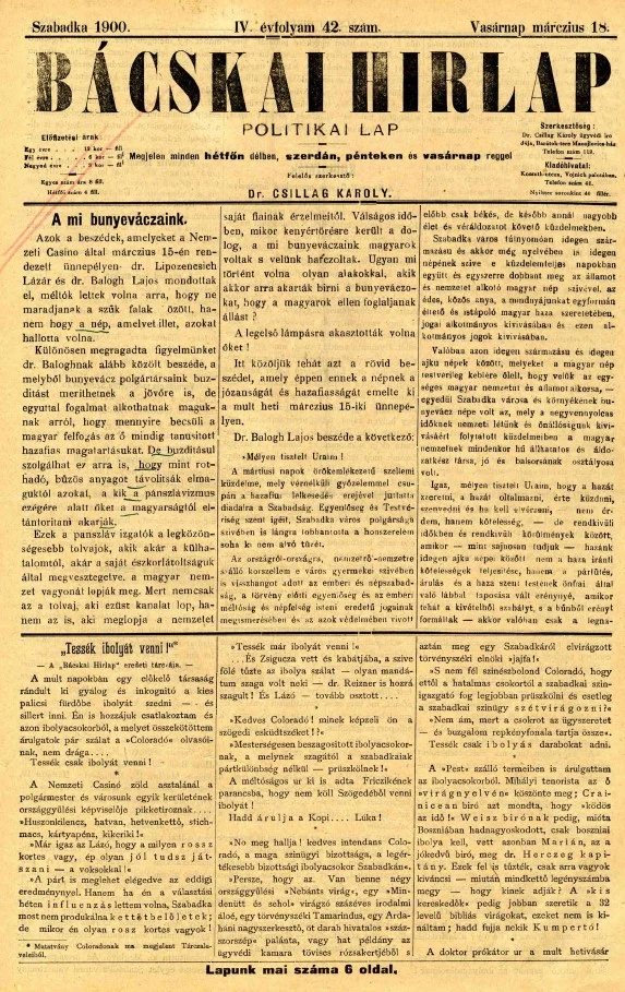 Bácskai Hirlap, 4. évf. 1900. március 18. 42. sz.