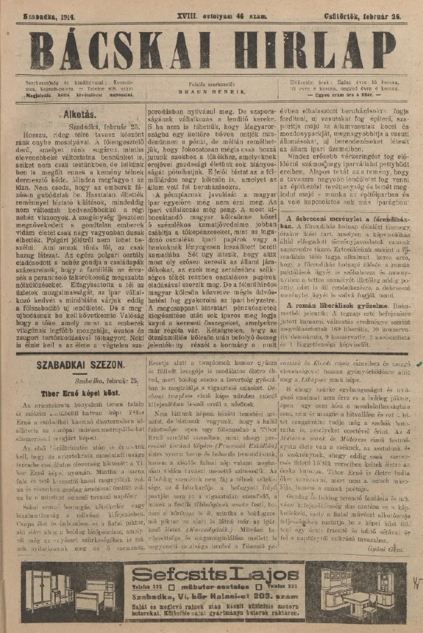 Bácskai Hirlap, 18. évf. 1914. február 26. 46. sz.