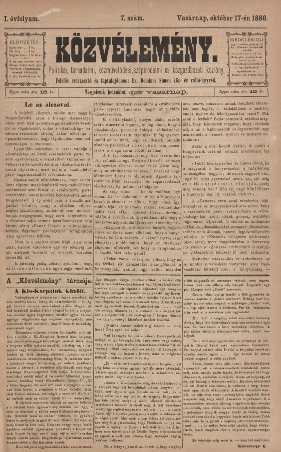 Közvélemény, 1. évf. 1886. október 17. 7. sz.