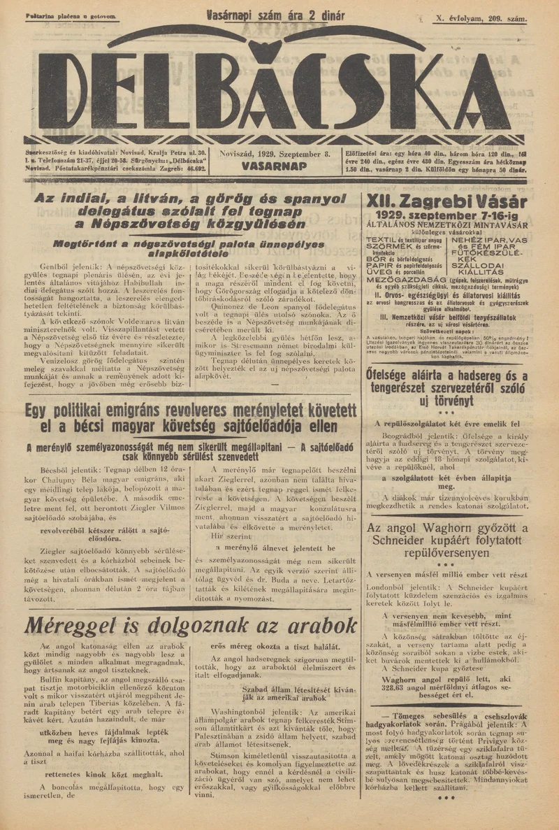 Délbácska, 10. évf. 1929. szeptember 8. 209. sz.