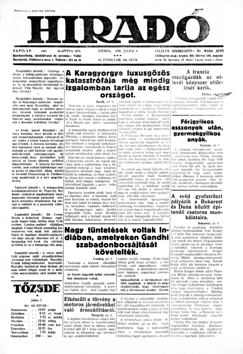 Híradó, 59. évf. 1930. július 9. 156. sz.