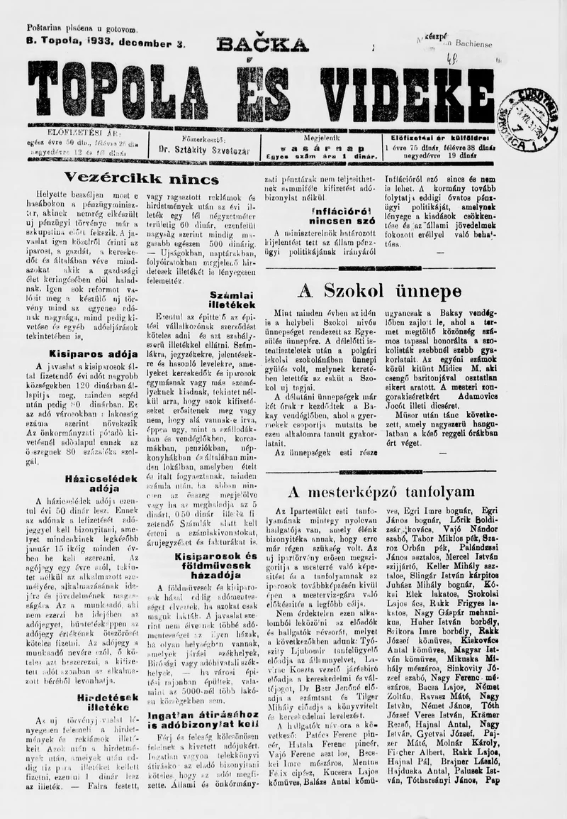 Bačka Topola és Vidéke, 10. évf. 1933. december 3. 49. sz.