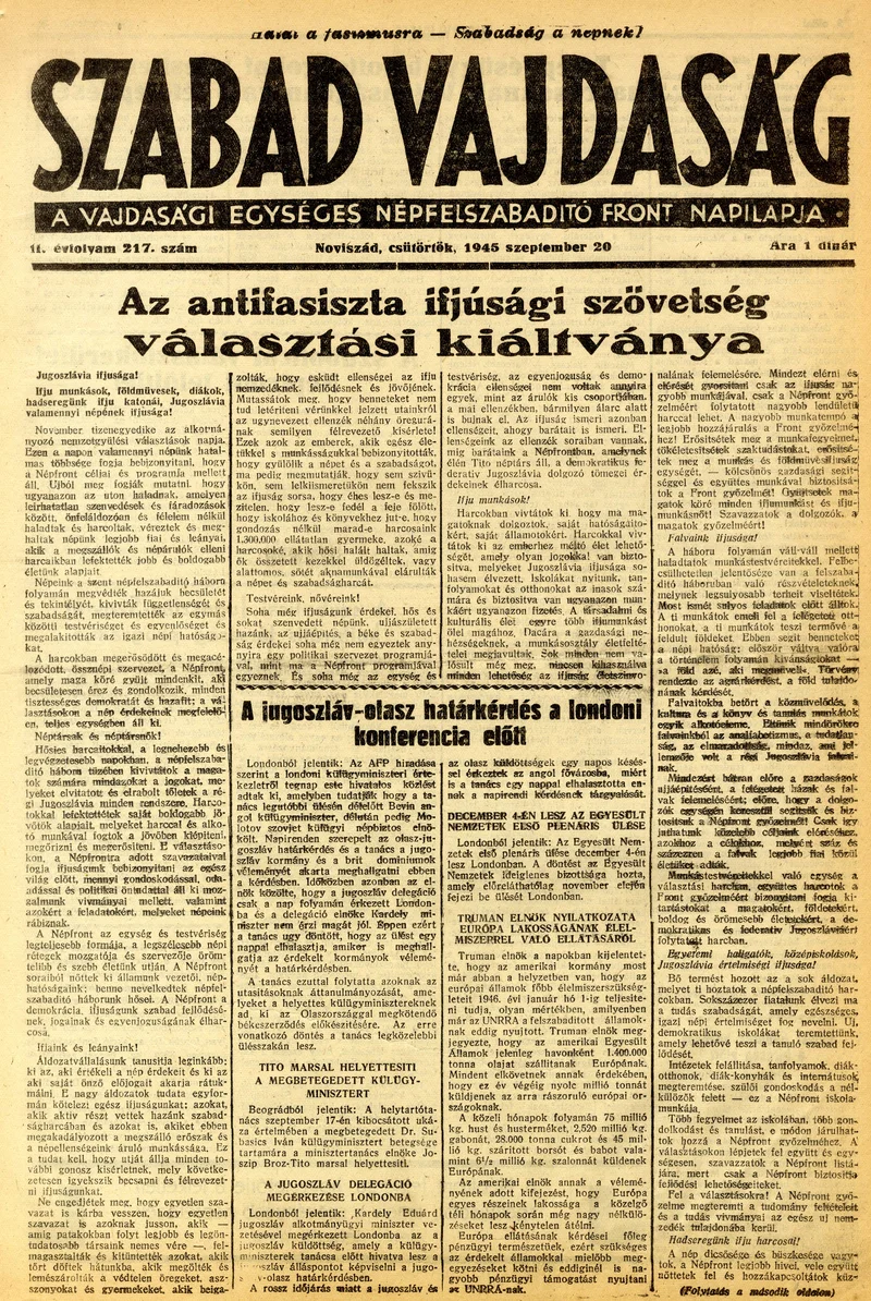 Szabad Vajdaság, 2. évf. 1945. szeptember 20. 217. sz.