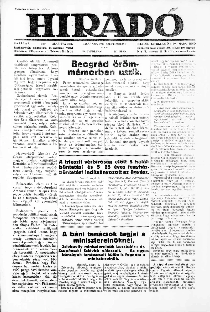 Híradó, 59. évf. 1930. szeptember 7. 207. sz.