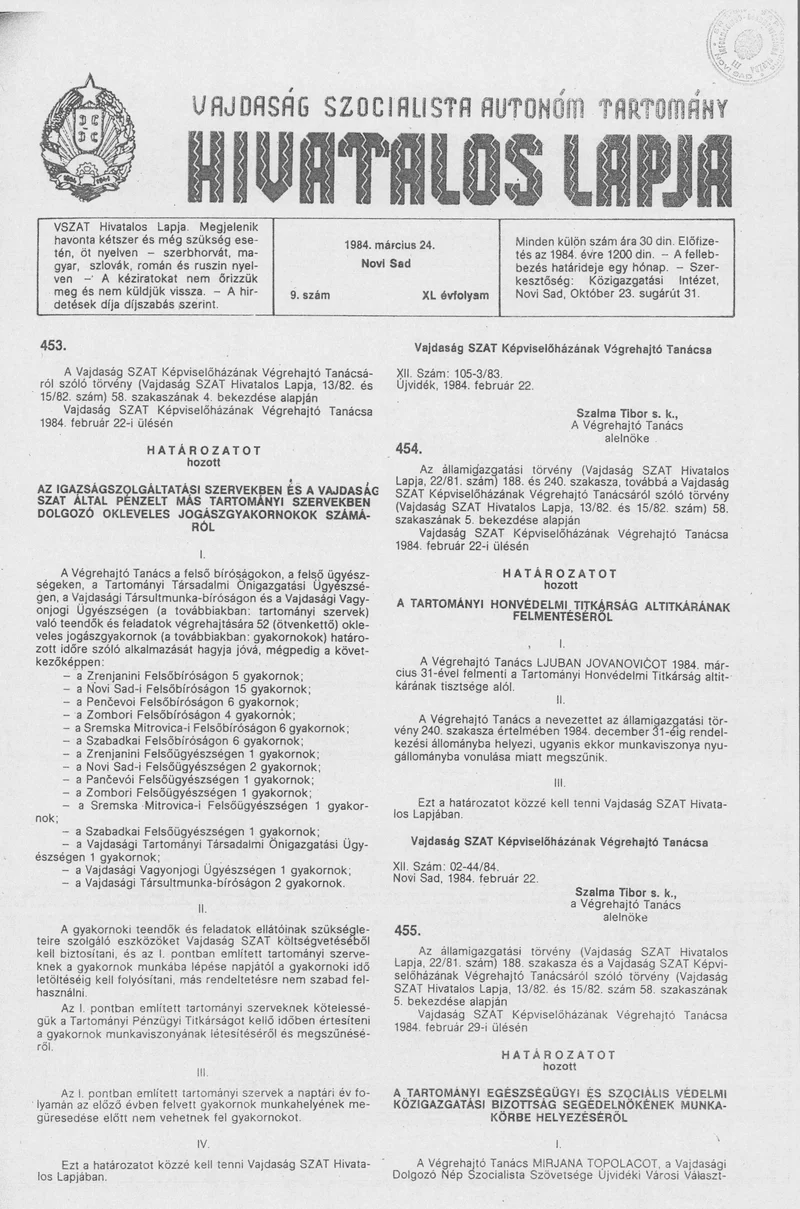 Vajdaság Szocialista Autonóm Tartomány Hivatalos Lapja, 40. évf. 1984. március 24. 9. sz.