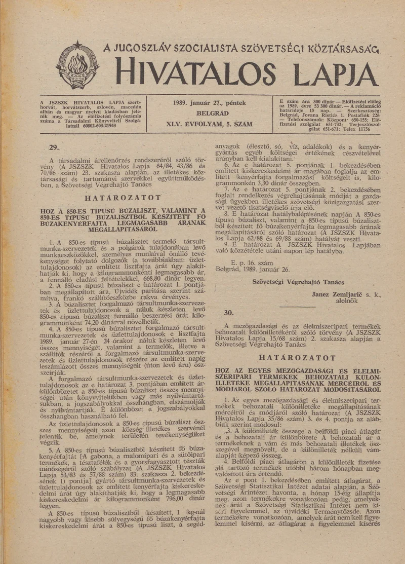 A Jugoszláv Szocialista Szövetségi Köztársaság Hivatalos Lapja, 45. évf. 1989. január 27. 5. sz. 181–184. oldal