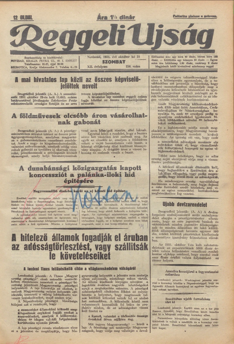 Reggeli Újság, 12. évf. 1931. október 31. 256. sz.