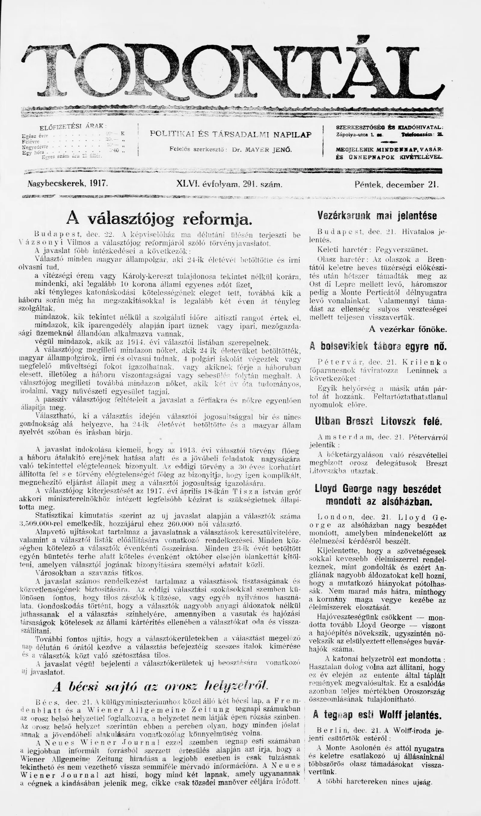 Torontál, 46. évf. 1917. december 21. 291. sz.