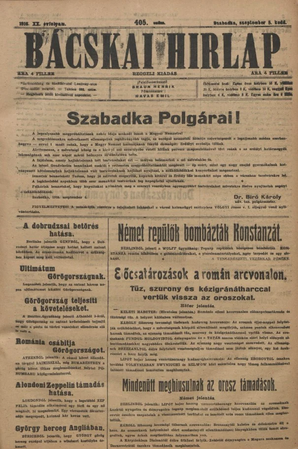 Bácskai Hirlap, 20. évf. 1916. szeptember 5. 405. sz.