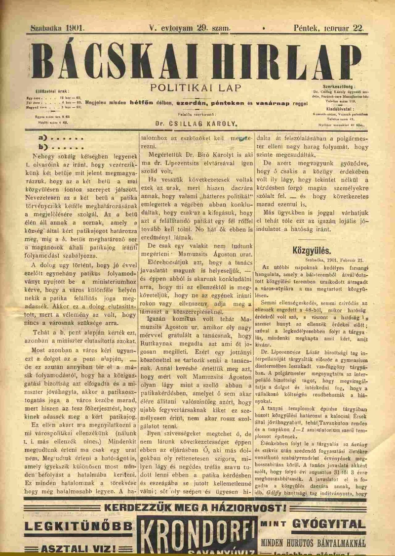 Bácskai Hirlap, 5. évf. 1901. február 22. 29. sz.