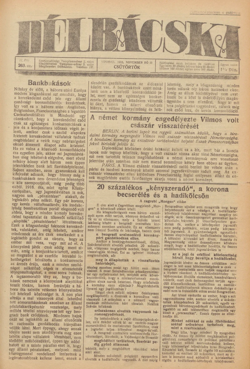 Délbácska, 4. évf. 1923. november 15. 263. sz.