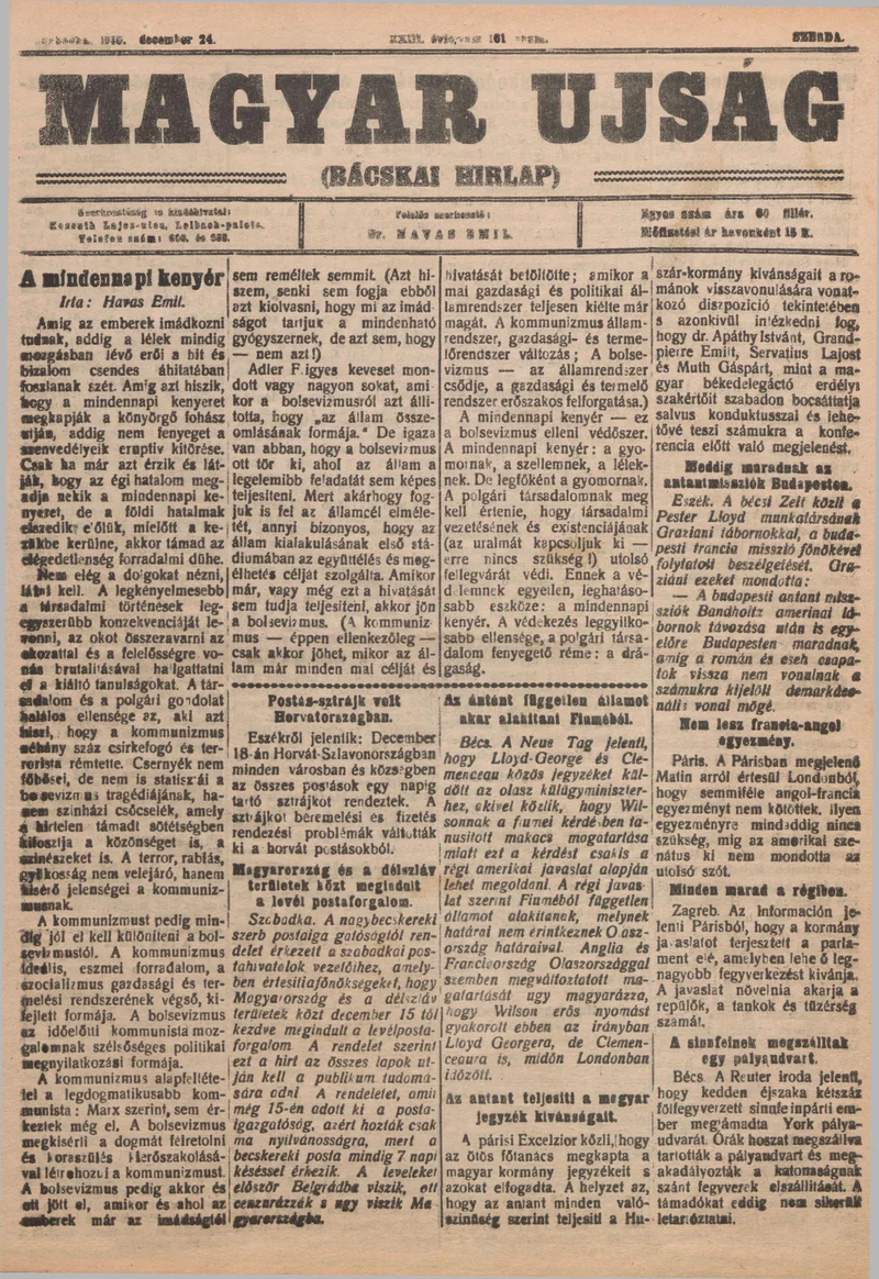 Bácskai Hirlap, 23. évf. 1919. december 24. 161. sz.