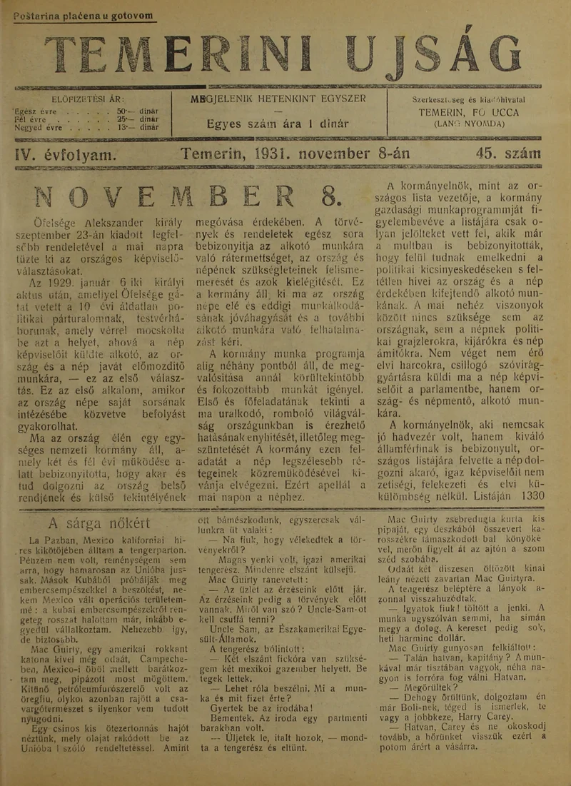 Temerini Újság 1928-1944, 4. évf. 1931. november 8. 45. sz.