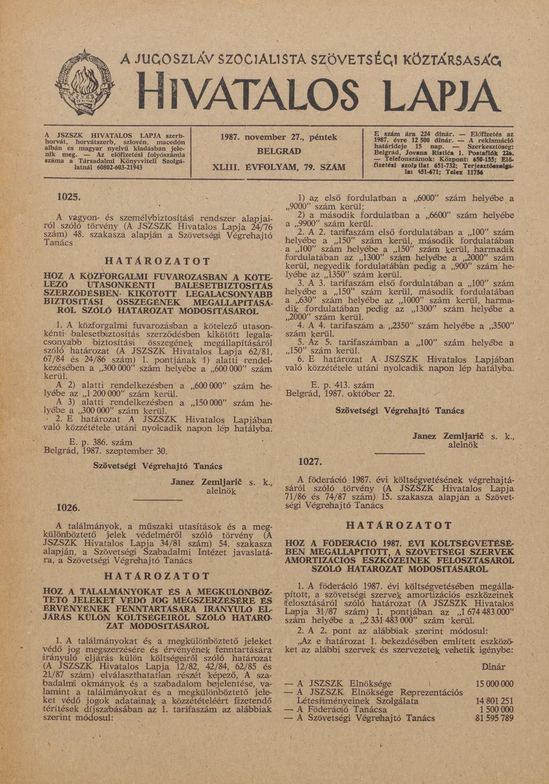 A Jugoszláv Szocialista Szövetségi Köztársaság Hivatalos Lapja, 43. évf. 1987. november 27. 79. sz. 1841–1856. oldal