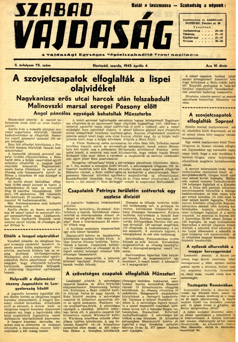 Szabad Vajdaság, 2. évf. 1945. április 4. 75. sz.