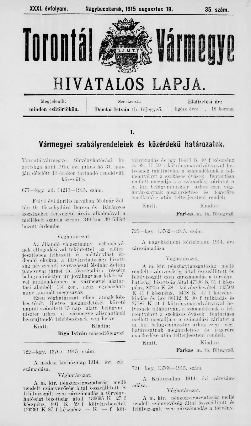 Torontál Vármegye Hivatalos Lapja, 31. évf. 1915. augusztus 19. 35. sz.