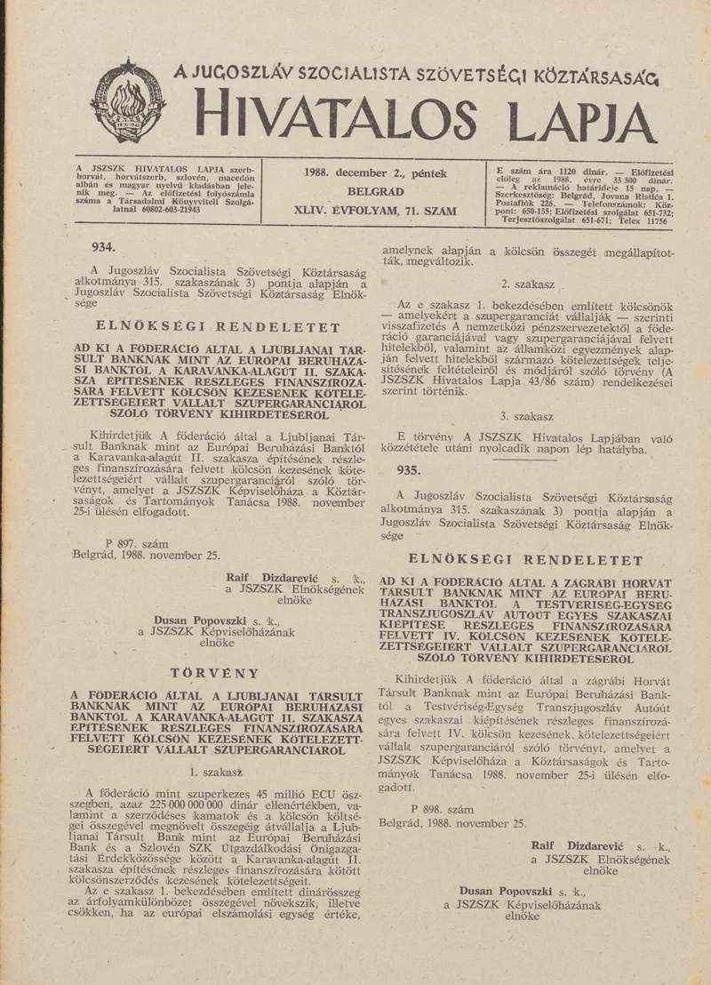 A Jugoszláv Szocialista Szövetségi Köztársaság Hivatalos Lapja, 44. évf. 1988. december 2. 71. sz. 1809–1836. oldal