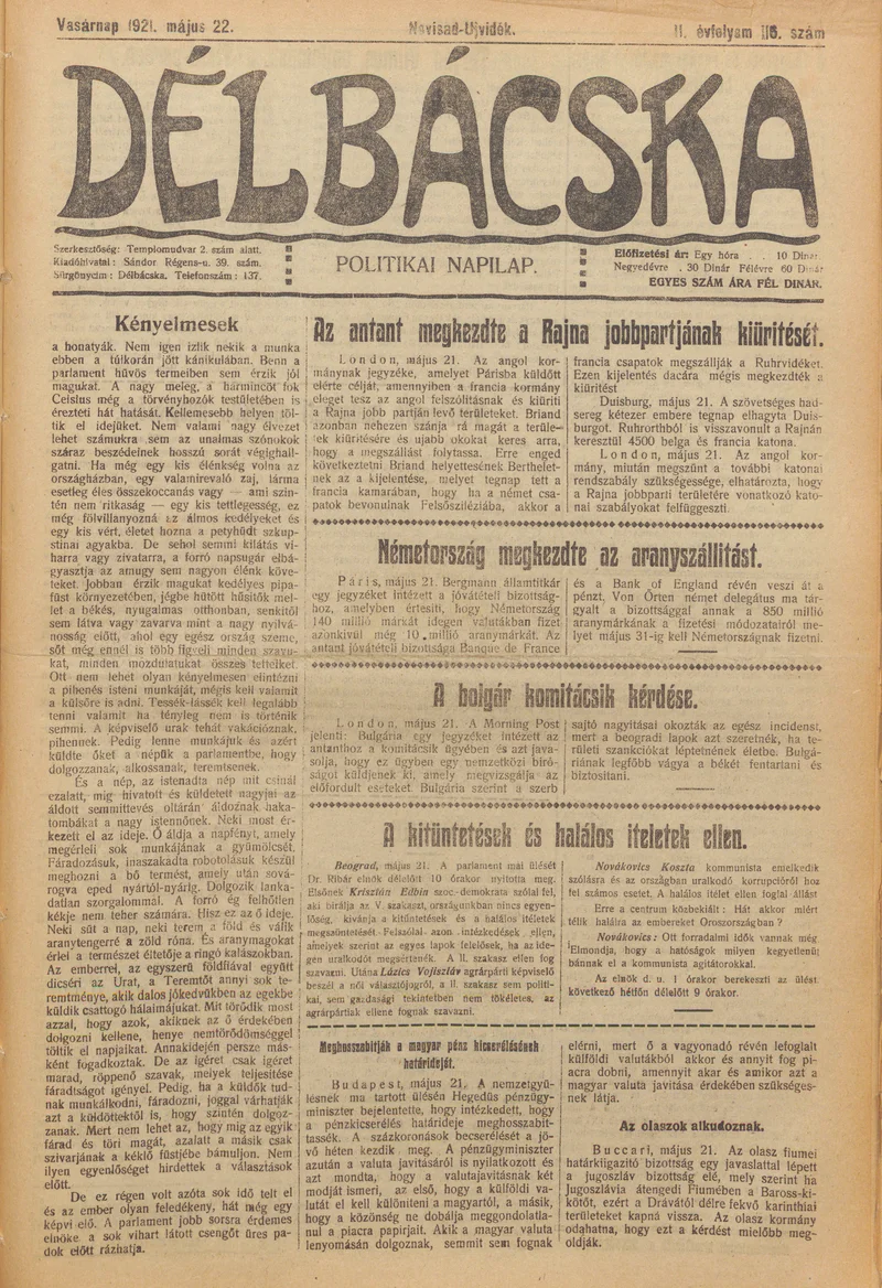 Délbácska, 2. évf. 1921. május 22. 116. sz.