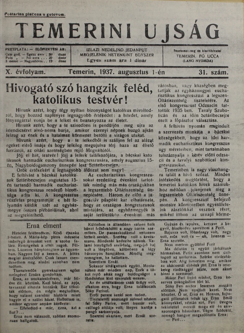 Temerini Újság 1928-1944, 10. évf. 1937. augusztus 1. 31. sz.