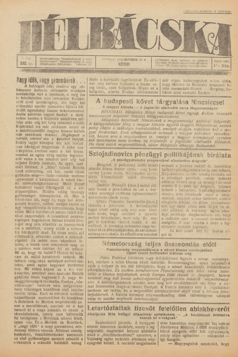 Délbácska, 4. évf. 1923. október 9. 232. sz.