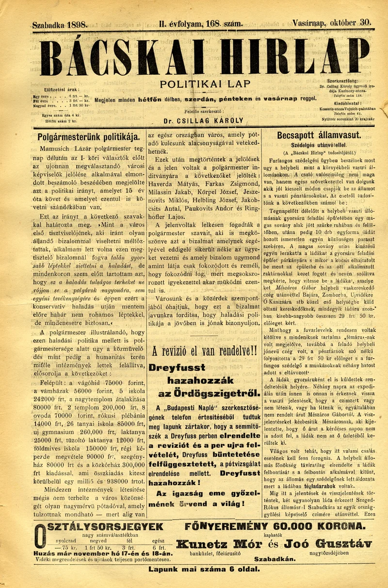 Bácskai Hirlap, 2. évf. 1898. október 30. 168. sz. 1–6. oldal