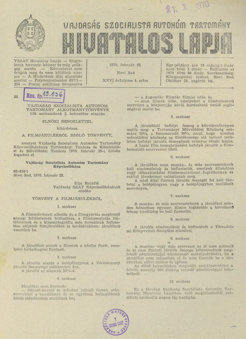 Vajdaság Szocialista Autonóm Tartomány Hivatalos Lapja, 26. évf. 1970. február 28. 4. sz. 29–30. oldal