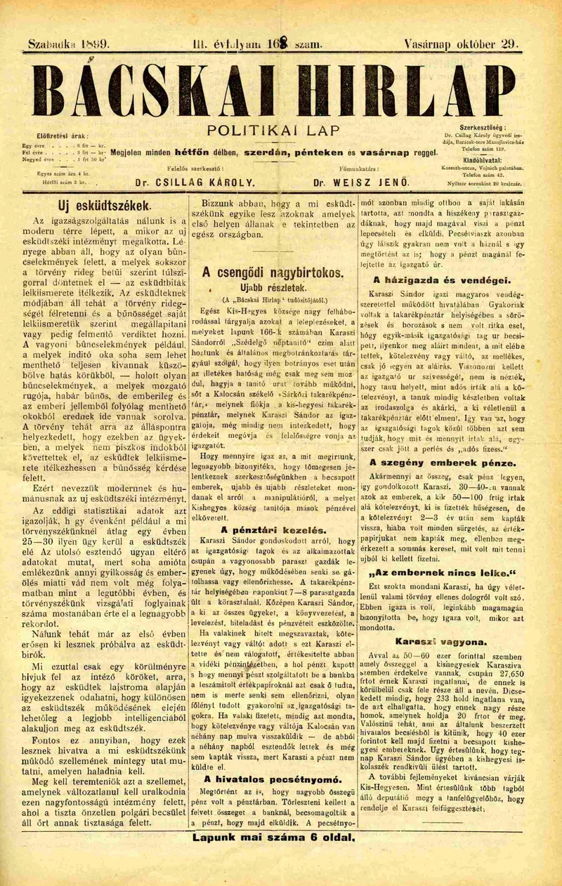 Bácskai Hirlap, 3. évf. 1899. október 29. 168. sz.