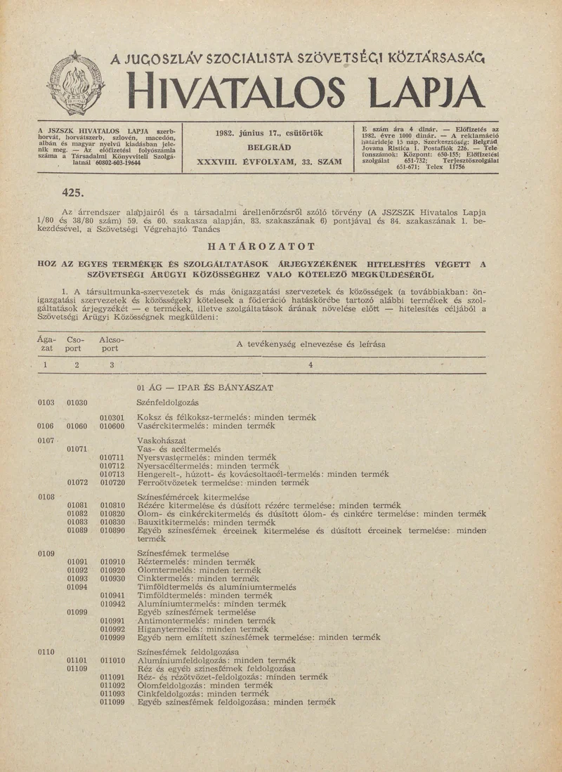 A Jugoszláv Szocialista Szövetségi Köztársaság Hivatalos Lapja, 38. évf. 1982. június 17. 33. sz. 945–952. oldal