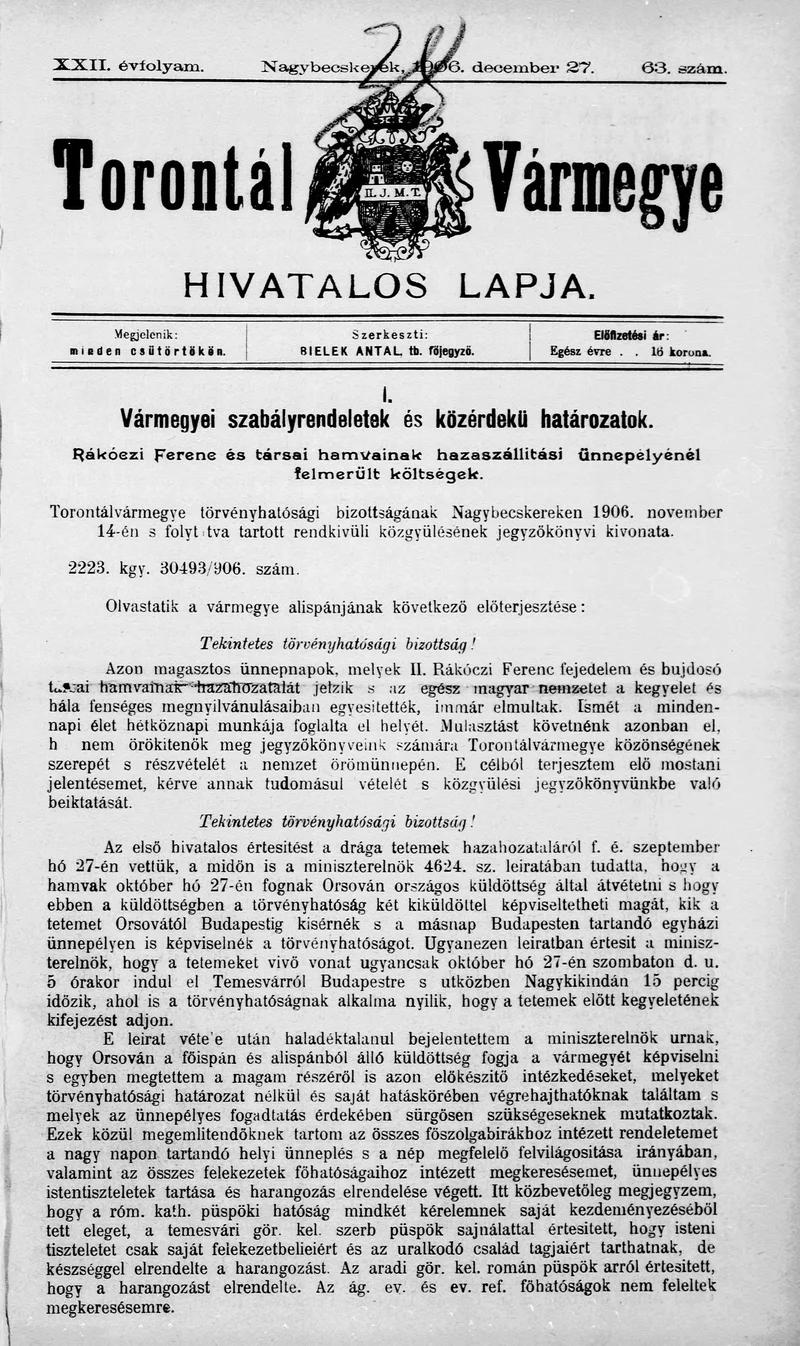 Torontál Vármegye Hivatalos Lapja, 22. évf. 1906. december 27. 63. sz.