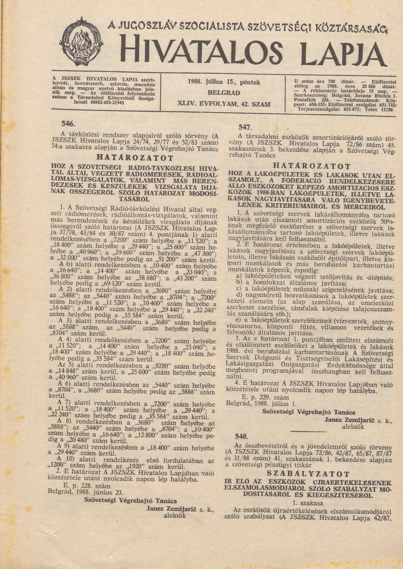 A Jugoszláv Szocialista Szövetségi Köztársaság Hivatalos Lapja, 44. évf. 1988. július 15. 42. sz. 1169–1196. oldal