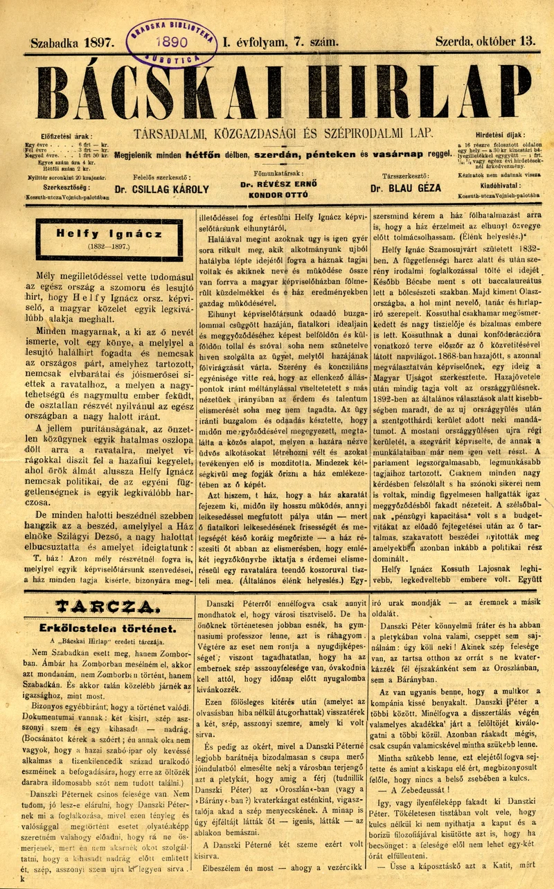 Bácskai Hirlap, 1. évf. 1897. október 13. 7. sz. 1–4. oldal