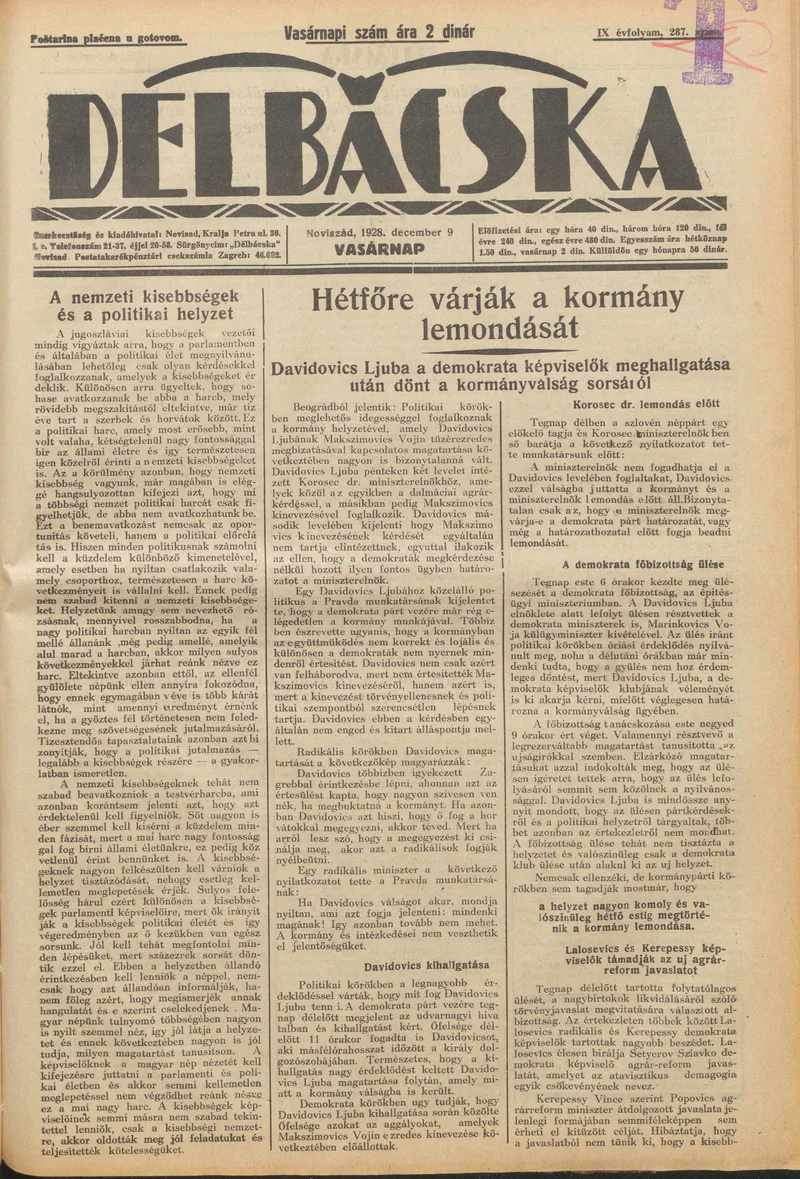 Délbácska, 9. évf. 1928. december 9. 287. sz.