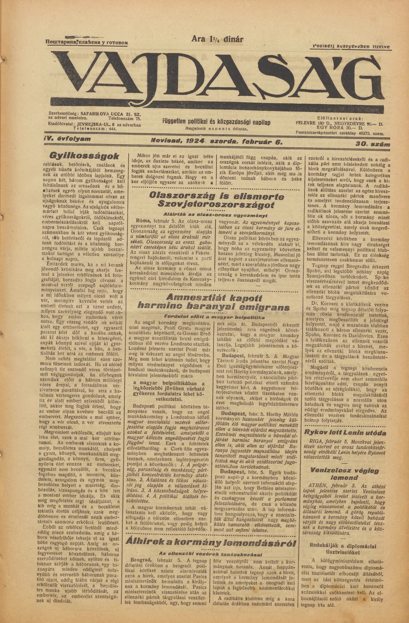 Vajdaság, 4. évf. 1924. február 6. 30. sz.
