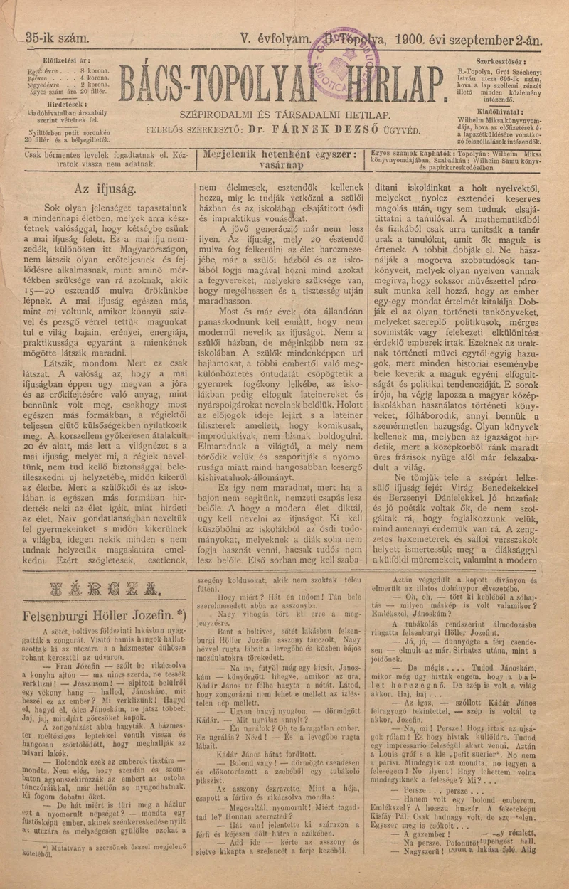 Bács-Topolyai Hirlap, 5. évf. 1900. szeptember 2. 35. sz.