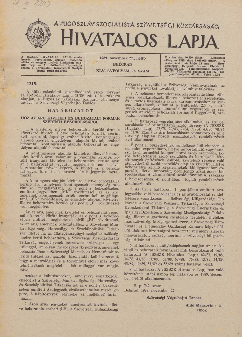 A Jugoszláv Szocialista Szövetségi Köztársaság Hivatalos Lapja, 45. évf. 1989. november 27. 76. sz. 1901–1972. oldal