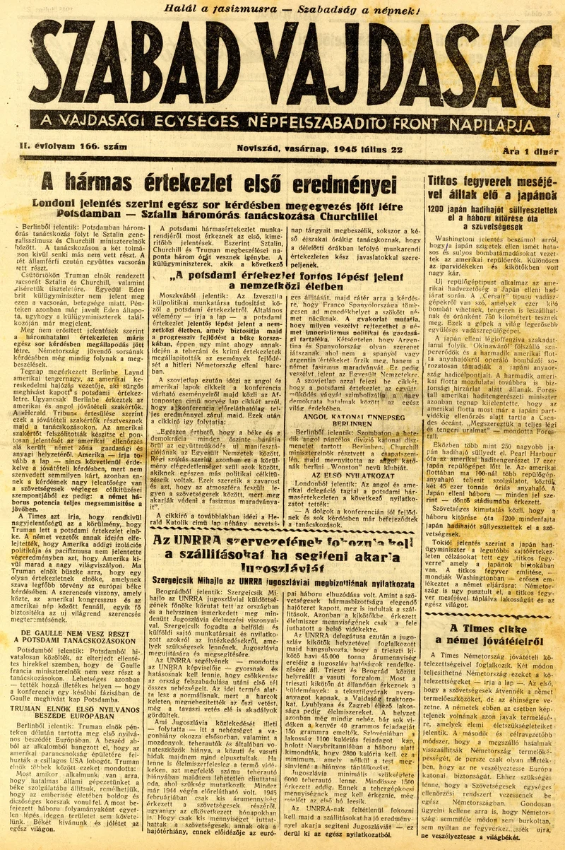 Szabad Vajdaság, 2. évf. 1945. július 22. 166. sz.